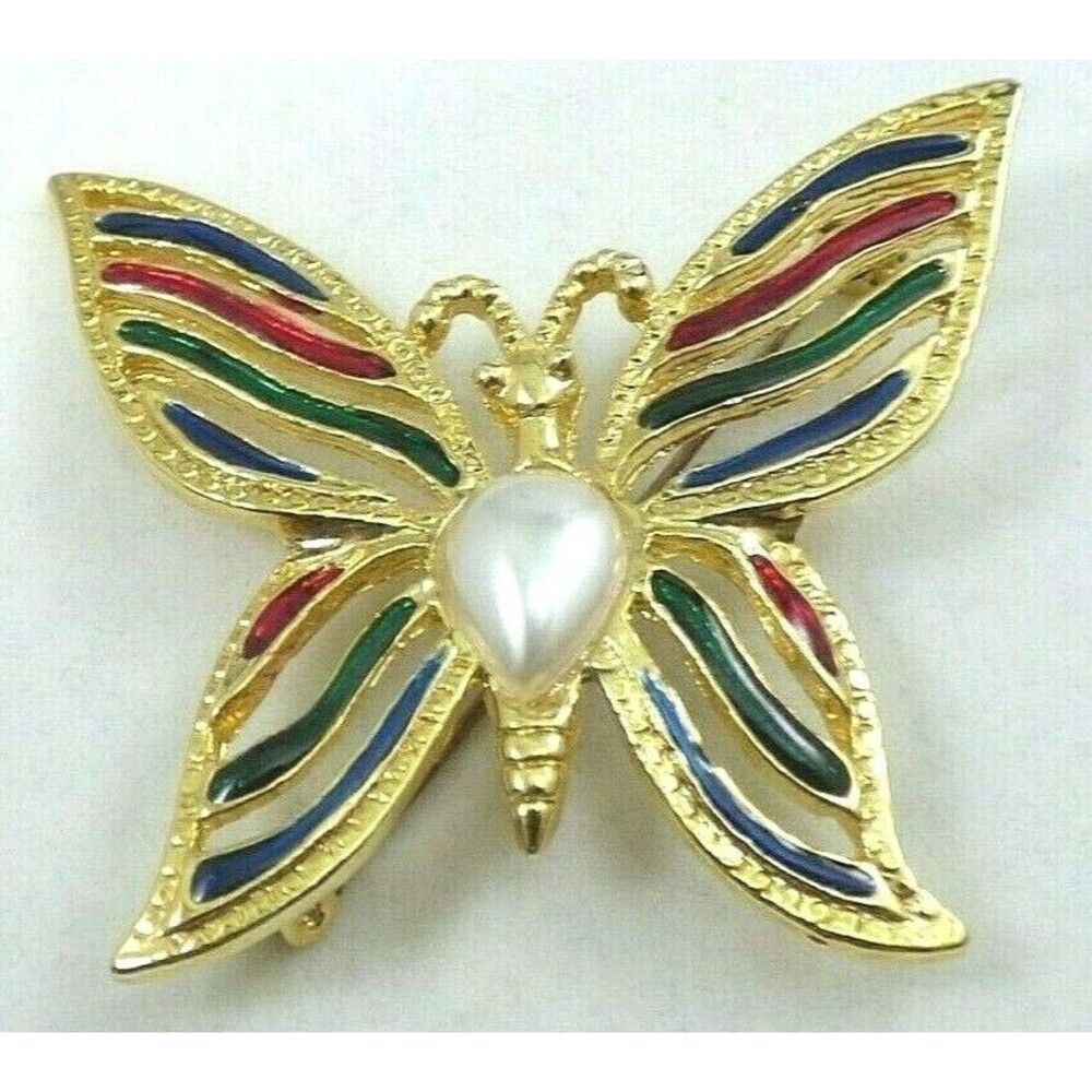 Butterfly Brooch Pin Jewel Tone Enamel Faux Pearl Gold Tone Metal Unique Vintage